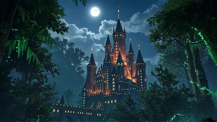 A grand castle illuminated at night under a full moon