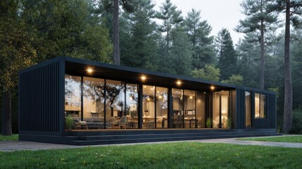 Fototapeta premium Modern Prefab Home with Large Windows in Forest Setting for Sustainable Living Design