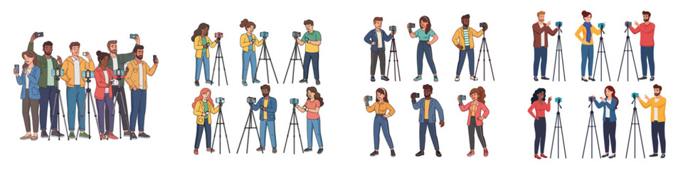 Set of Diverse People, Vloggers, and Photographers Taking Photos and Videos