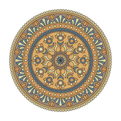 Vector colorful circular mandala isolated on white background. Tribal ornament in yellow and blue colors. Oriental pattern, vintage decorative element for book, card, textile, fashion print