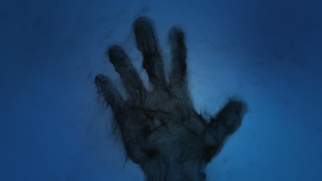 Concept animation of a hand shadow, evil background, built from particles
