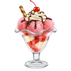 Ice Cream Sundae with Chocolate Syrup, Isolated on White or Transparent Background