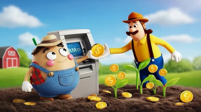 Cartoon style investment in the farming industry - cute saving money concept. Financial consulting theme.