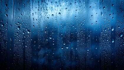 Water droplets on glass create moody, atmospheric blue reflections during rainy weather, emphasizing nature, freshness, and tranquility in a detailed texture.