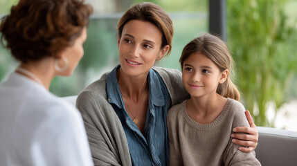 A psychologist supports a mother and daughter in therapy session