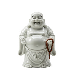 White porcelain figurine of the smiling Laughing Buddha Hotei holding wooden prayer beads