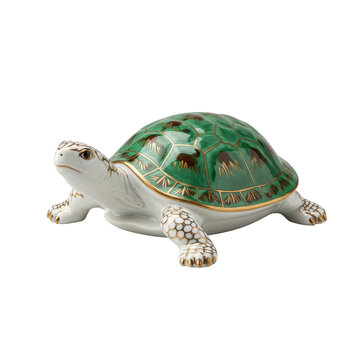 Porcelain turtle figurine with green shell and gold accents a vintage home decor statuette