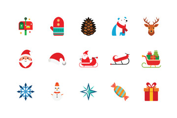 Naklejka premium Colorful Christmas Icons Featuring Santa Sleigh Reindeer And Festive Decorations