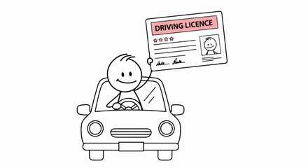 Happy stick figure cartoon character in a car proudly showing a new driving licence.