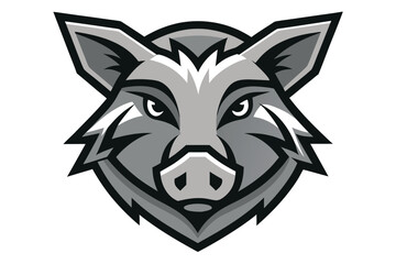 Gray and black wild boar head has an aggressive expression and is symmetrical