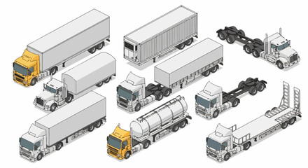 Isometric illustration set of various semi-trucks and trailers, including tanker, flatbed, and container models. © tere