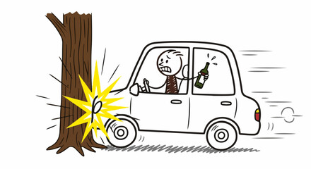 Panicked stick figure driver holding a bottle crashes a white car into a tree, illustrating a drunk driving accident.