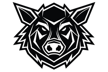Stylized boar head shows fierce black and white face in striking form