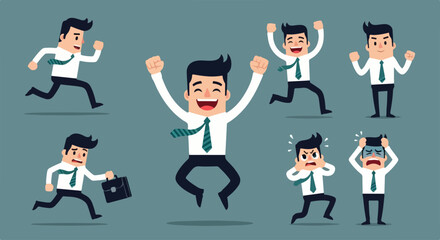 Set of a cartoon businessman character in various poses and emotions, including running, jumping, and stressed expressions.