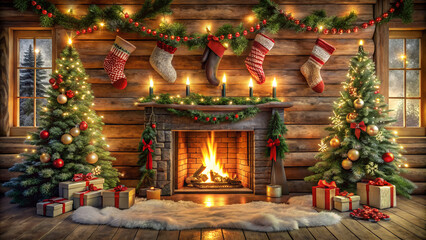 Cozy christmas scene with decorated trees, fireplace, and stockings, creating a warm and festive holiday atmosphere in a rustic cottage home isolated on transparent background