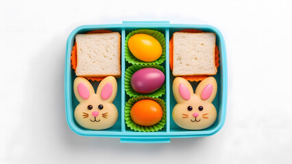 Creative and colorful lunch box for children featuring bunny shapes and decorated eggs