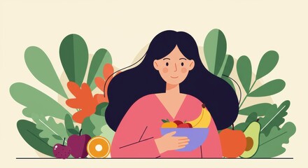 Young woman embraces healthy lifestyle holding vibrant bowl of delicious fruits surrounded by lush green plants and leaves