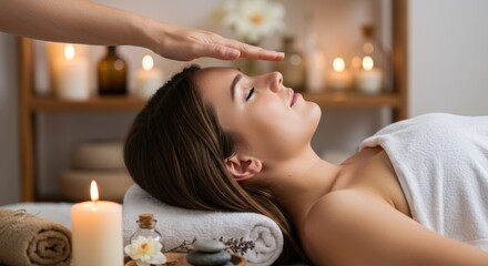 Reiki Energy Healing Session in Spa – Woman Relaxing with Candlelight Ambience 