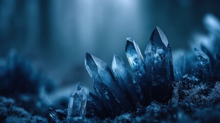 Mystical Blue Crystals Growing in the Dark Forest, Fantasy Gemstones, Raw Stone Formation