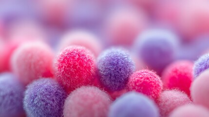 Close-up of colorful, fuzzy pom-poms.