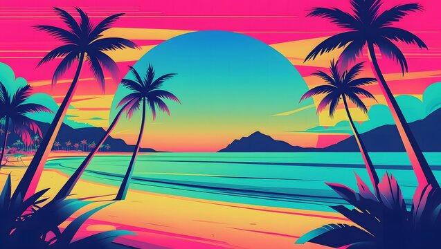 Vibrant retro illustration of a tropical beach sunset with silhouetted palm trees. A digital art concept depicting a fantasy paradise escape with neon colors