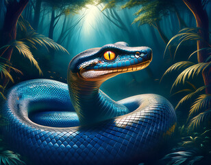 Fototapeta premium Blue Snake with Yellow Eyes in a Lush Forest, Coiled and Alert