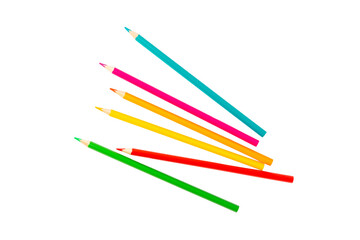 Colored pencils isolated on white background. Equipment for coloring. Stationery for creativity.Back to school. Flatlay. Children's Creativity and Education. Rainbow.