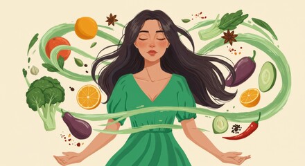 Healthy young woman surrounded by floating fruits and vegetables embracing wellness and mindful nutrition