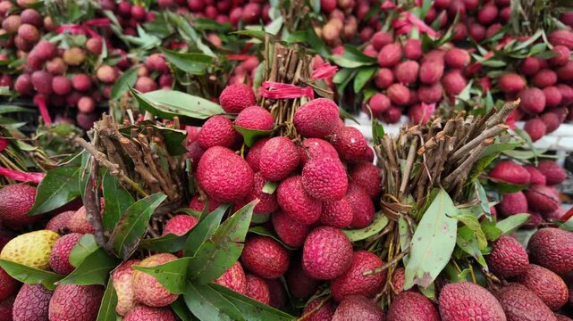 Vertical 4K video of deep red ripe lychee clusters for sale at local market