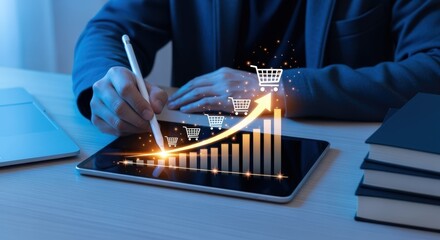 E-commerce Growth Visualization on Tablet: Increase in Online Sales and Business Development Concept