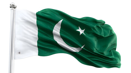 A waving pakistan flag on a silver pole with a green field and white crescent and star symbol