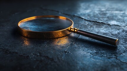 Golden magnifying glass on dark stone surface.