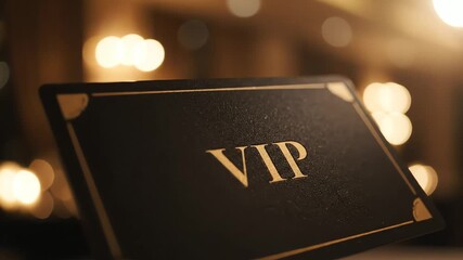 Close-up of a VIP access card with gold trim on a blurred background with bokeh lights