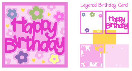 Happy Birthday card with flowers, Layered papercut greeting card