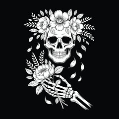 Obraz premium Skull with Floral Crown and Skeleton Hand Holding Flowers, Hand-Drawn Floral Skull Artwork, Gothic Skull with Roses and Leaves, Vintage Black and White Skeleton with Floral Design, Skull and Nature Il