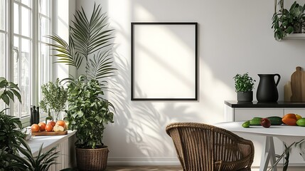 Sunlit room with a blank framed picture on the wall and lush green plants