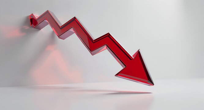 Red Glass Downward Trend Arrow Decline, Decrease, Fall, Drop