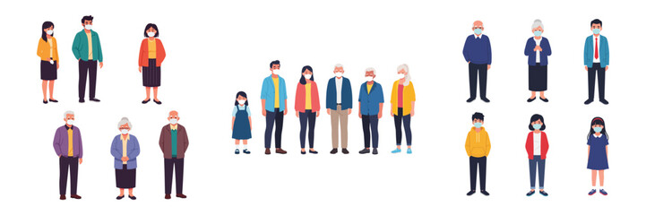 Obraz premium Set of Diverse People and Families Wearing Protective Face Masks