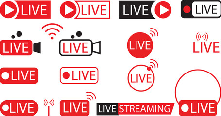 Live streaming red and black icon set.  buttons and symbols of streaming, broadcasting, podcast and live stream logo. vector template transparent background