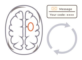 Human brain diagram with highlight, circular arrows representing flow cycle, and secure message notification. Ideal for neuroscience, cognition, communication, signal processing, security
