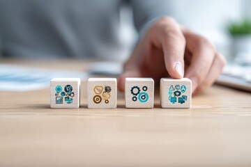 Close-up of hands arranging small wooden blocks, each with different abstract icons, on a light-brown wooden surface