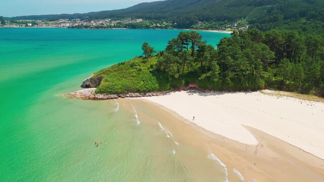 Aerial of Sandy Beach on River Sor Spit Near O Porto do Barqueiro, Galicia