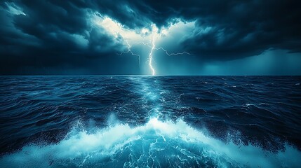 A dramatic thunderstorm over a vast ocean, lightning illuminating the dark clouds, heavy rain crashing onto the water.