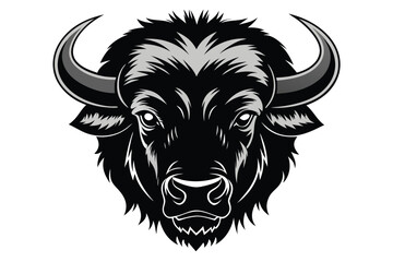 Monochrome buffalo head displays fierce eyes and imposing horns on a clean white backdrop
