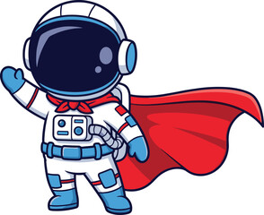 Cartoon astronaut character in white spacesuit with blue accents and red cape, waving hand, superhero space theme vector illustration