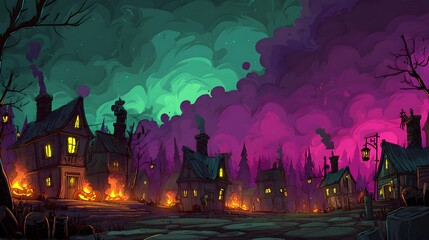 Obraz premium Eerie haunted village at night with glowing windows and swirling purple and green mist creating a mysterious atmosphere