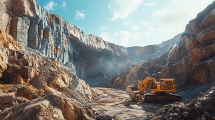 Excavator Working in Large Quarry with Rock Formations and Sunny Sky