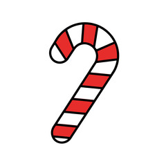 Classic red and white striped candy cane illustration. A sweet Christmas holiday treat icon, isolated on a white background.