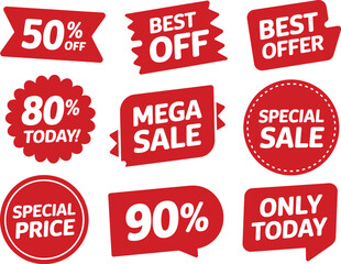 🏷️ Title (SEO-optimized, 120 characters max):
Red sale tag vector set with discount labels like 50% OFF, MEGA SALE, SPECIAL PRICE, and ONLY TODAY for retail promotions