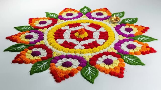 Colorful Rangoli Design with Flowers and Diya in Center on White Background For Diwali Celebration Floral Art Decoration Festive Indian Pattern